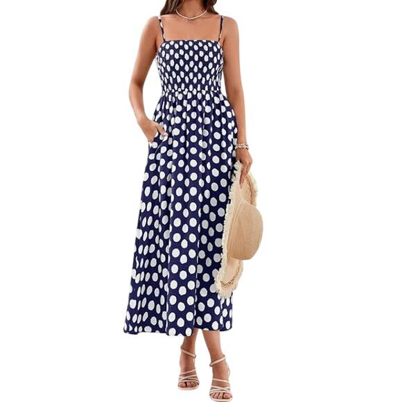 Prettygarden Dresses & Skirts - PRETTYGARDEN Navy Polka Dot Dress Spaghetti Strap Smocked Sundress Large NEW